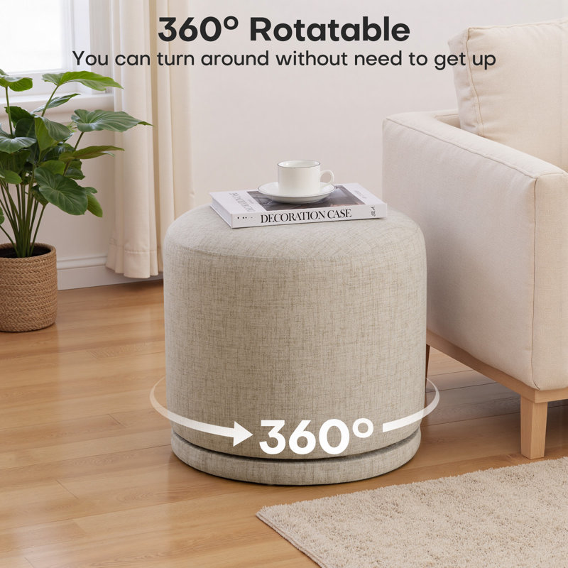 17.7" W Fully Assembled Swivel Ottoman with Acacia Solid Wood Frame, Linen Upholstered Footrest, 500lbs, Beige
