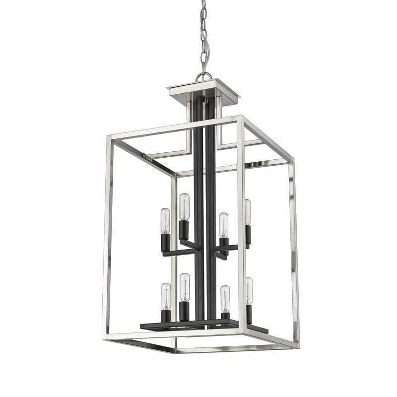 Lustre rectangulaire lanterne 8 lumières Bedsworth, Nickel brossé / noir