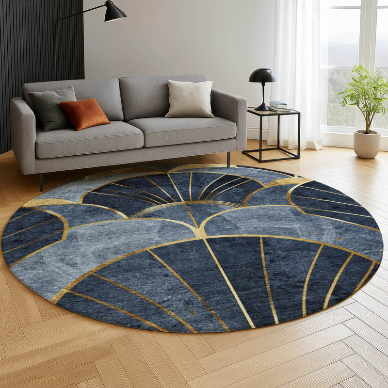 Premium Machine Washable Mayfield AMF2221 floral Rug, 8' Round, Navy