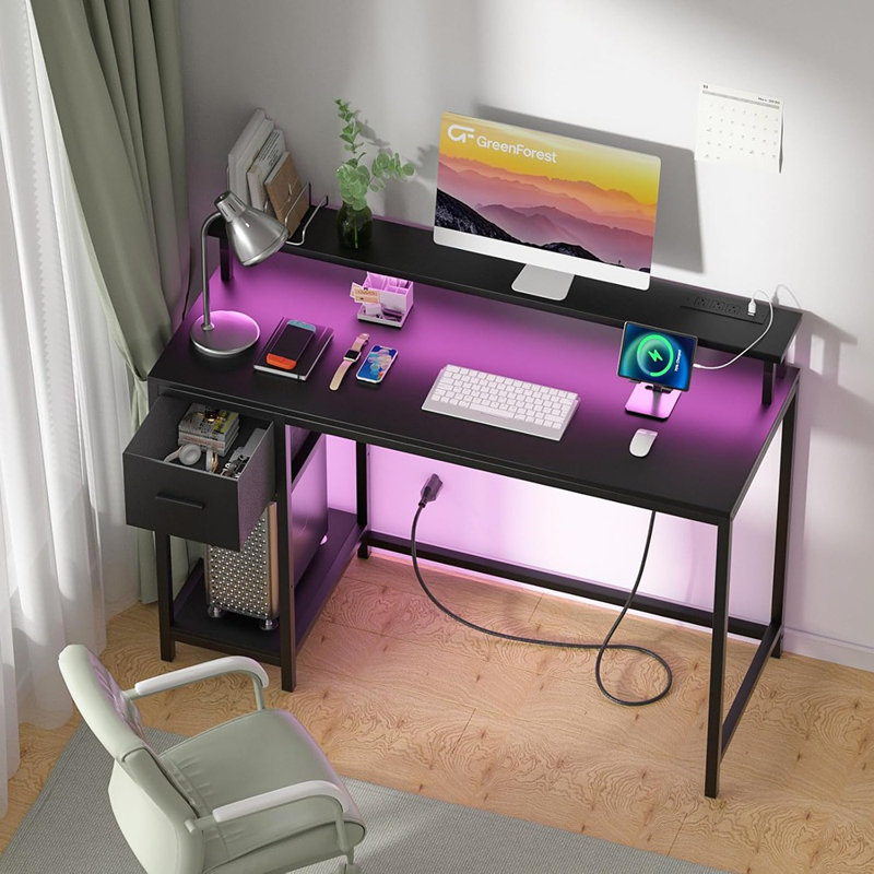 Bureau de jeu 39 pouces avec lumières à DEL et support pour écran, bureau d'ordinateur avec tiroir pour petits espaces, bureau avec prises de courant et tablette, noir