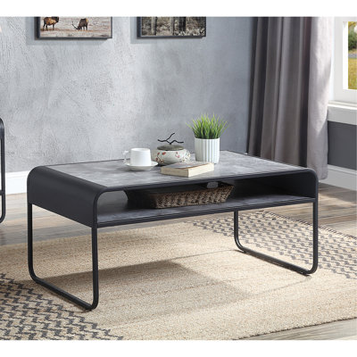 Modern Sleek Design Black Finish Coffee Table With Shelf Metal Frame Concrete Gray Luxury Living Room Furniture 1Pc