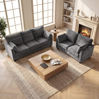 Sectional Sofa Couch Set, Modern Upholstered Loveseat And 3-Seater Couch With Comfy Back Cushion, Beveled Armrests, Comfy Pillows For Living Room, Bedroom, Apartment, Chenille