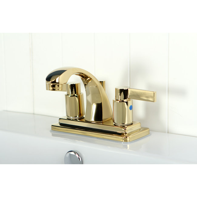 Robinet de salle de bain central à 4 poignées à 3 trous à fixation sur le comptoir à 3 trous Kingston, Laiton poli