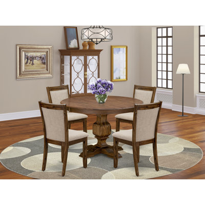 5 Piece Modern Dining Table Set Includes a Round Wooden Table with Pedestal and 4 Light Tan Linen Fabric Upholstered Parson Chairs,  Antique Walnut