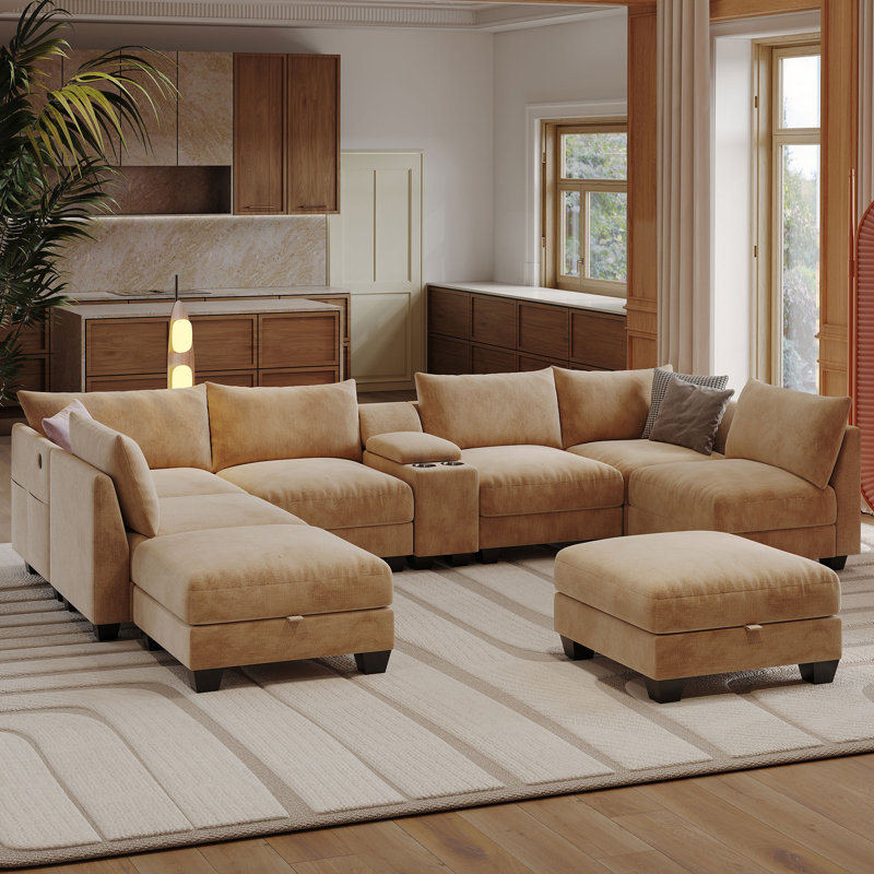  Amold 136.2'' U-Shaped Sectional Sofa, 8-Seater Modular Couch, Comfy Living Room Cloud Sofa With Ottoman And Console