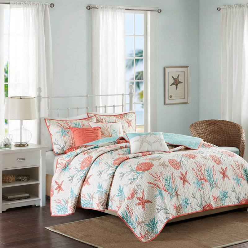 Courtepointe très grand / très grand Coral - 6 pièces en coton avec des coquillages imprimés, des étoiles de mer et des coraux pour une ambiance chaleureuse dans une chambre romantique