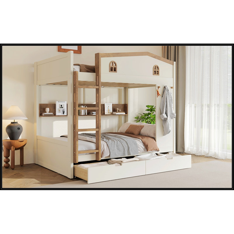 Lit superposé double sur double avec tiroirs et tablettes de rangement, fabrication en bois massif, aucun sommier nécessaire, beige et naturel