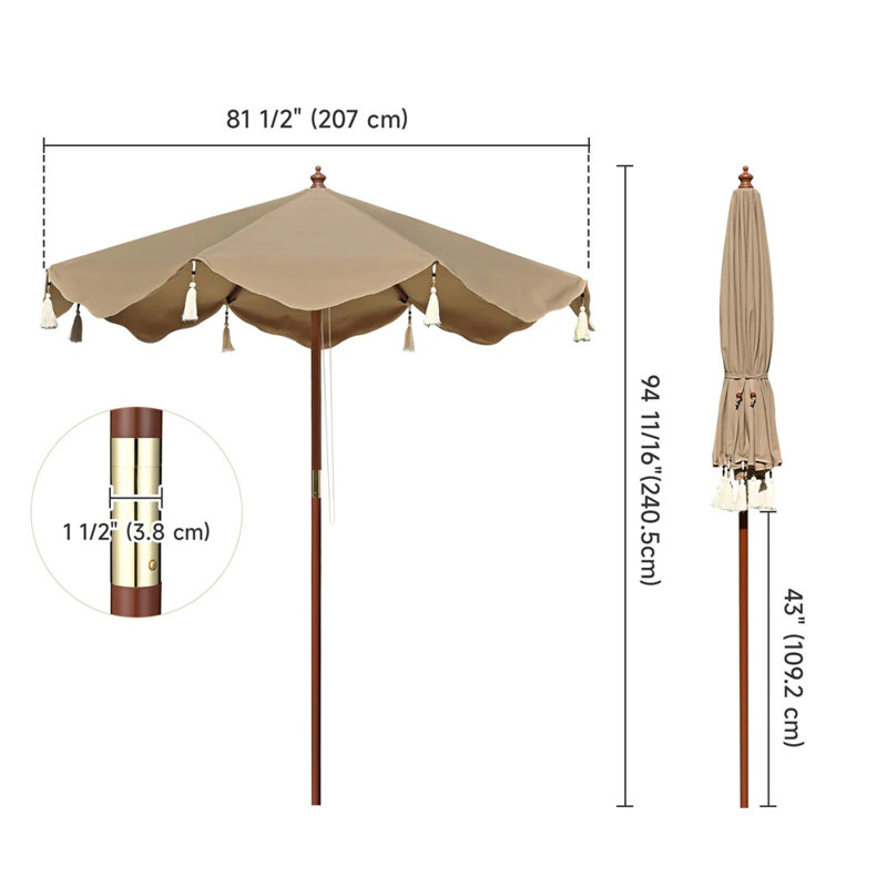 Parasol boho à franges en bois, pampilles, Gris