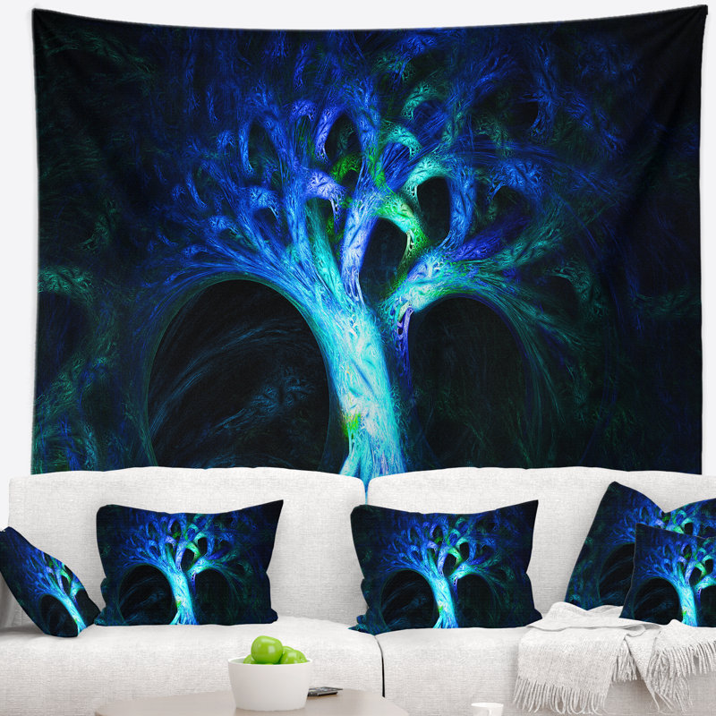 Tapisserie abstraite arbre magique bleu psychédélique, H 68 po x l 80 po