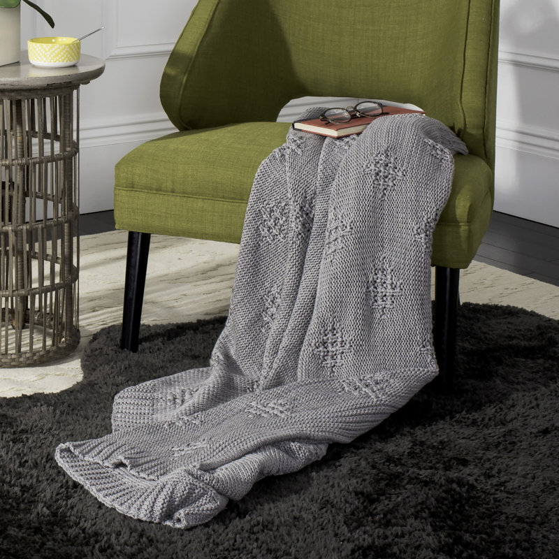 Medium Gray Knitted Cotton Throw Blanket with Crochet Diamond Motifs