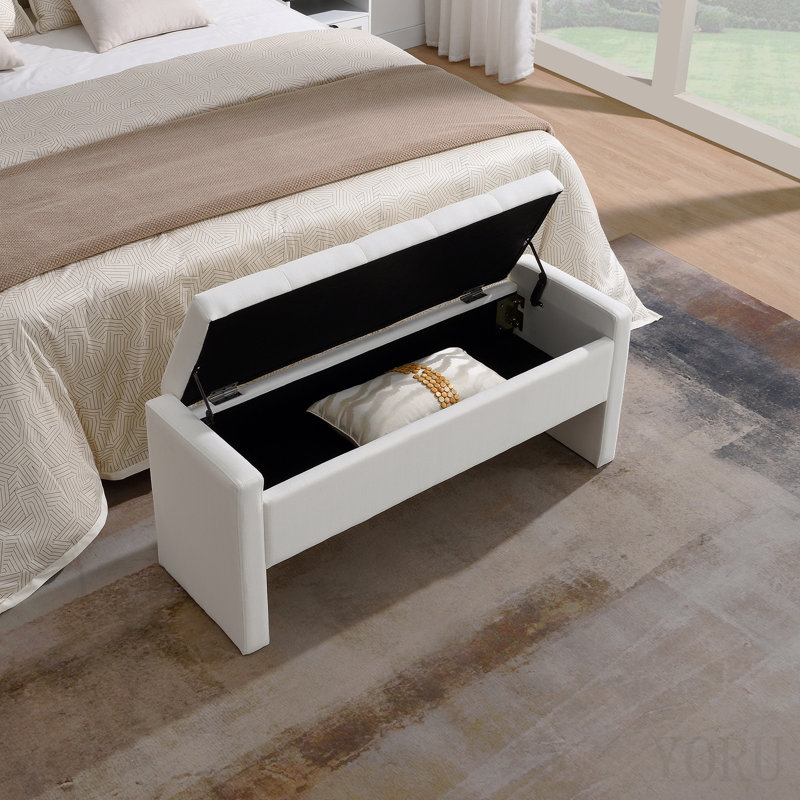 Banc de lit moderne avec rangement, grand repose-pieds rembourré, banc confortable près de la fenêtre pour salon, chambre, dortoir, table basse, lin blanc