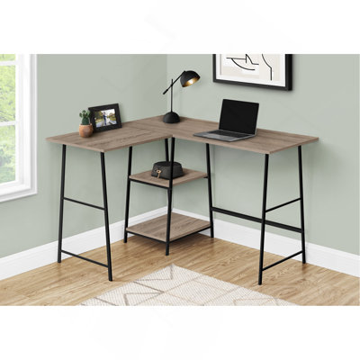 Bureau d'ordinateur, bureau personnel, coin, tablettes de rangement, L de 48 po, bureau, ordinateur portable, stratifié brun, métal noir, contemporain, moderne