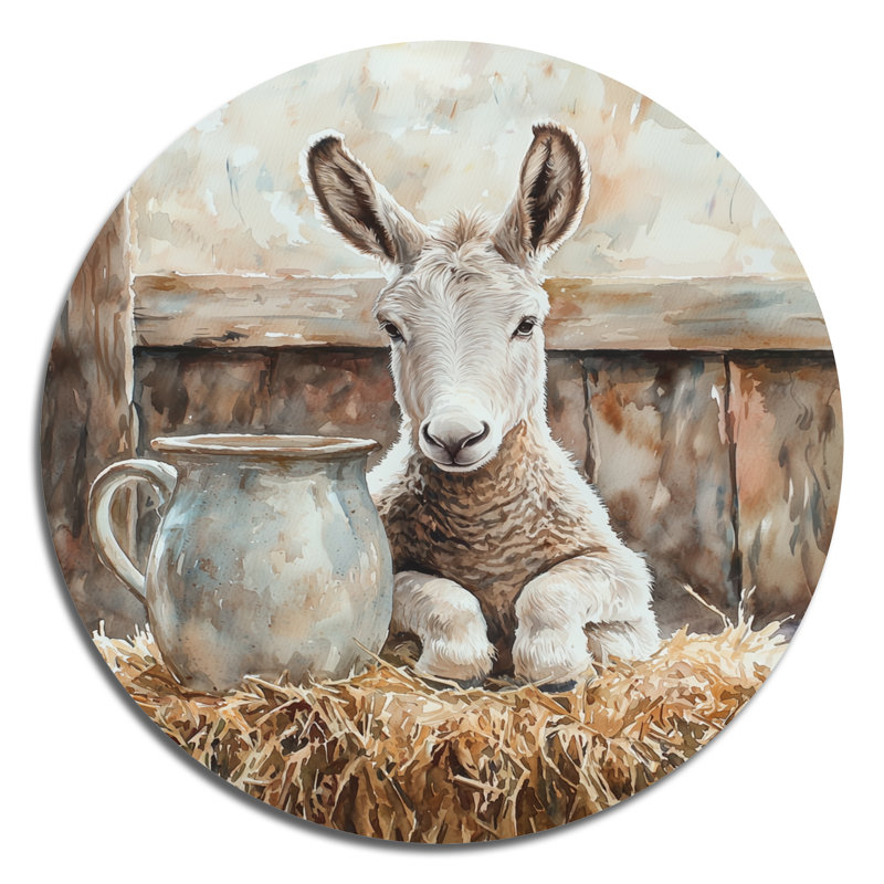 «Donkey Portrait At The Barn II» - art mural rond en forme d'âne, impression sur métal gris moderne, H 36 po x l 36 po