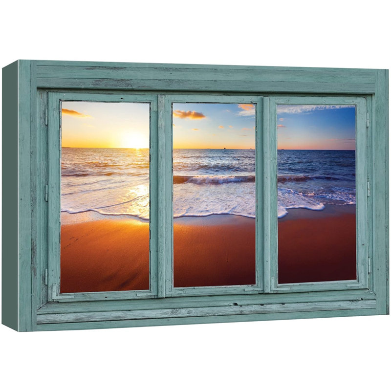 «Window View Sunset Window On The Beach Shoreline Nature Images Modern Art Rustic Scenic Ultra» sur toile, H 16 po x l 24 po