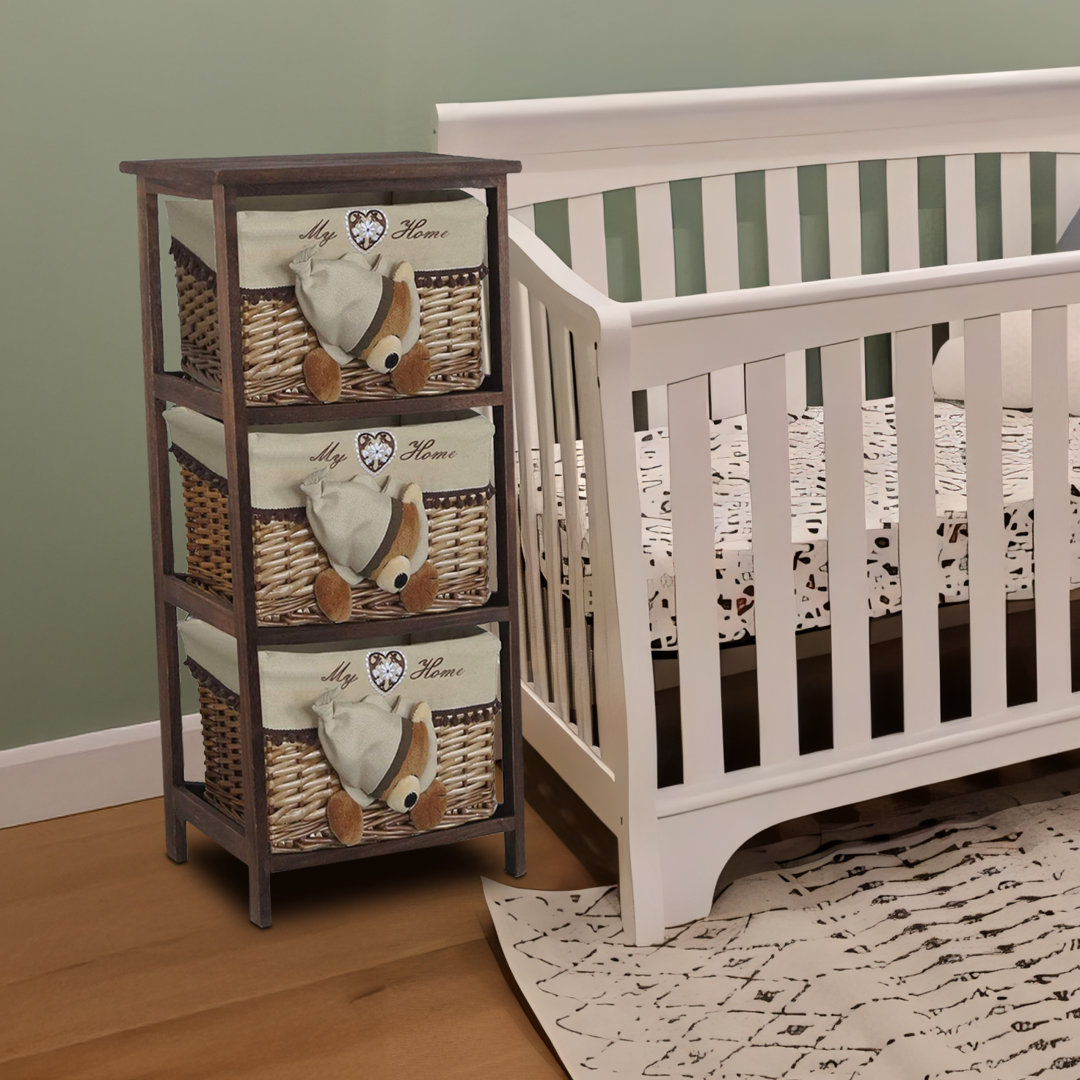 Jhavon 3 Drawer Wooden Cabinet with Wicker Storage Baskets and Brown Bear Design for Home Organization Winston Porter