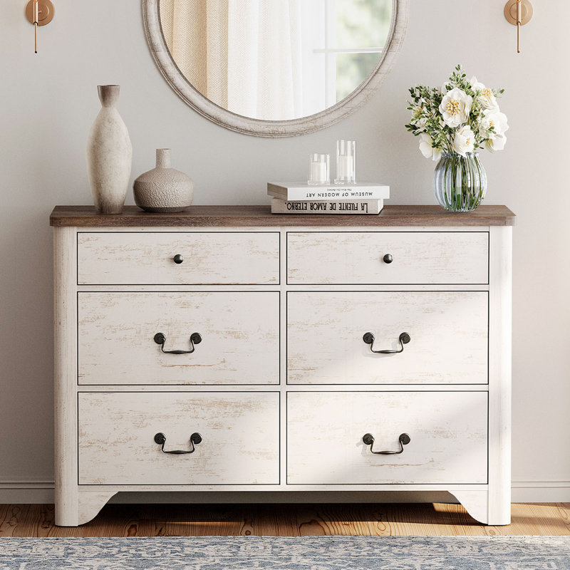 Farmhouse 47.2" Double Dresser, Wood 6-Drawer Dresser With Ample Storage And Arc Design,Ideal For Bedroom, Living Room And Hallway