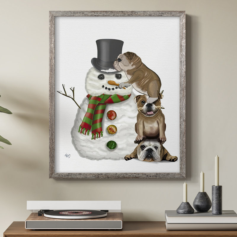 «Christmas English Bulldogs Building Snowman», reproduction encadrée - bois massif, H 15 po x l 12 po