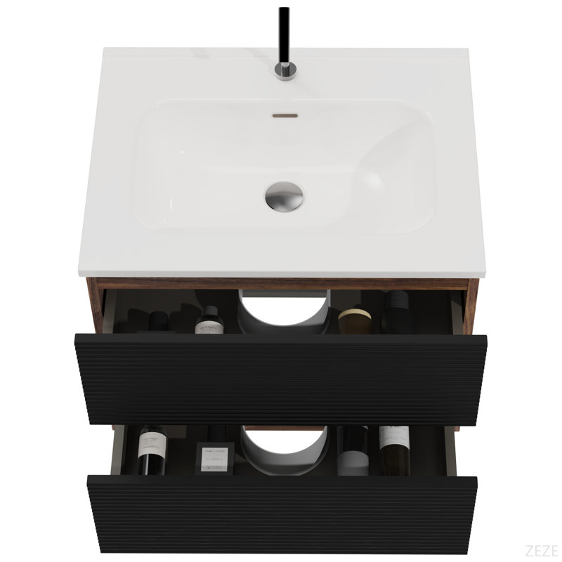 Ensemble de meuble-lavabo mural noir et noyer Gloria