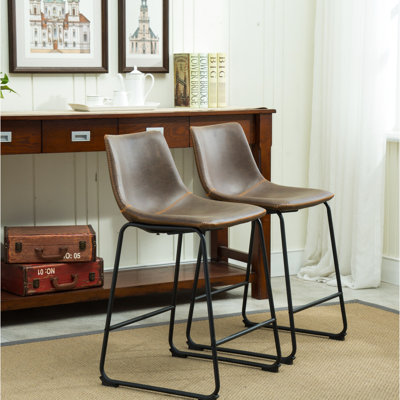 Antique Brown Vintage Pu Leather Counter Height Stools, 2. Plastic Seating With Upholstery. Black Iron Frame. Measurements: 18.5"W X 21.5"D 34.5"H. Seat: 15"D 24.5"H Of 2, Brown. Handmade And Molded