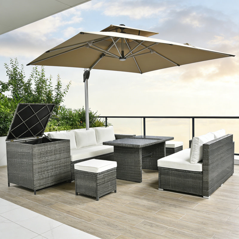 6-Piece All-Weather PE Rattan Patio Sectional Sofa Set With Adjustable Seats, Storage Box, Removable Covers And Tempered Glass Table