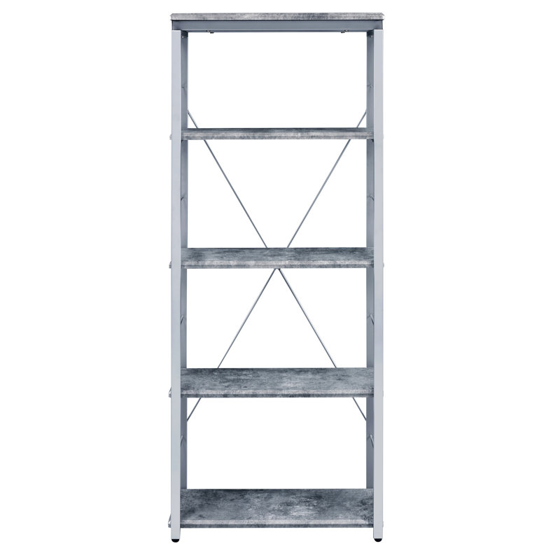 Grey Silver 4-Shelf Bookcase - Versatile Storage Solution Metal & Wood Construction Modern In And Powder Coating Office Work Style