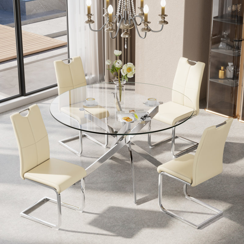 Ensemble de salle à manger 5 pièces, H 29,5 po x L 47 po x l 47 po, Argent, Beige/Argenté
