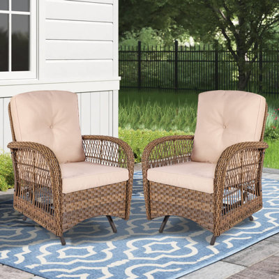 Ensemble de balançoire à bascule en osier de patio, chaises berçantes d'extérieur en rotin toutes saisons pour 2 personnes, ensemble de conversation de patio avec coussins épais pour le jardin et la cour arrière, brun