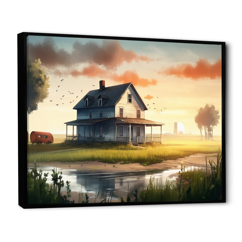 «Burning Sky At Sunset Farmhouse II», impression d'art mural paysage de ferme, H 30 po x l 40 po, Cadre flottant noir