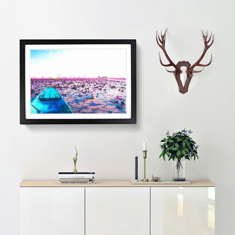 Boat in the Red Lotus Sea in Thailand in Abstract - Picture Frame Photograph Print, 27cm H x 36cm W x 2cm D, Black Framed