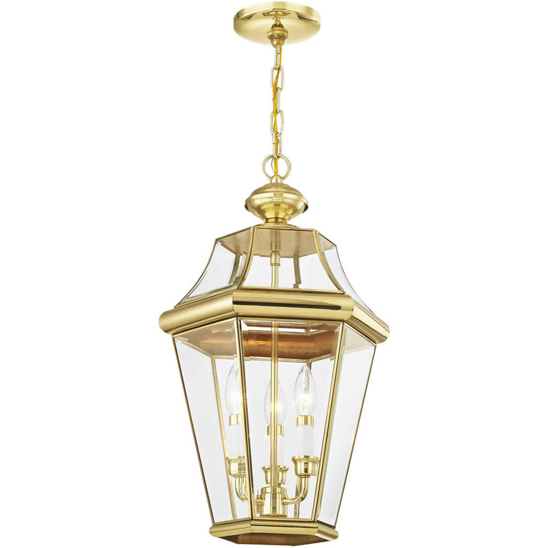 Outdoor Chain Lantern Pendant - Clear Beveled Glass Shade, Polished Brass