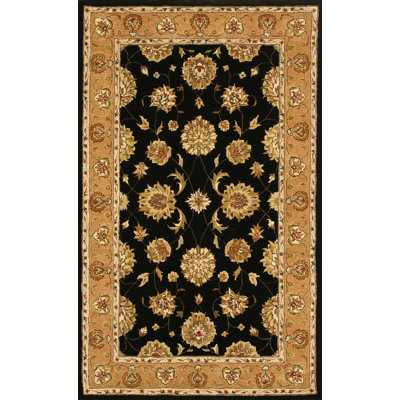 Laine fabriquée à la main de style oriental Java/soie noire/Tapis décoratif doré
