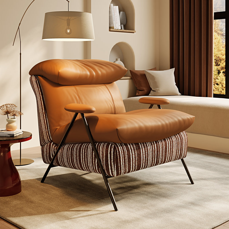 Fauteuil d'appoint moderne, structure en bois massif, revêtement en chenille et cuir, siège confortable pour le salon, la chambre et le balcon.