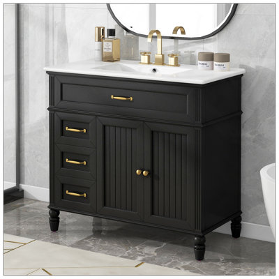 [Video] 36" Bathroom Vanity with Sink, Bathroom Cabinet with Drawers, Solid Frame and MDF Board, One Package, Black