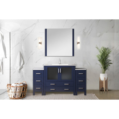 Bleu marine 60 po Le meuble-lavabo double W est livré avec une armoire latérale, une surface en céramique blanche, une base en bois massif, une fonction de fermeture en douceur, deux armoires et sept tiroirs pour un rangement abondant, Scratch