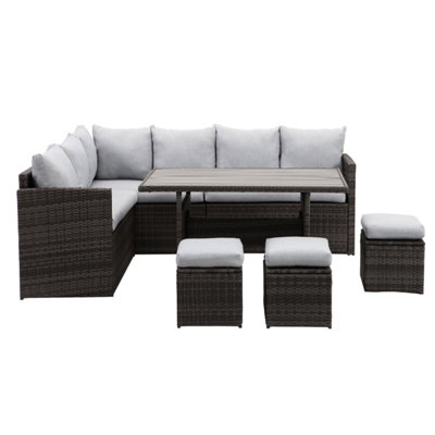 7 Canapé modulaire d'extérieur 7 avec coussins gris, repose-pieds et table pour le jardin et les réceptions imperméables