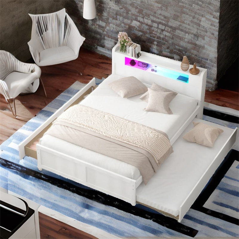 Grand lit plateforme avec rangement en bois avec DEL, Blanc