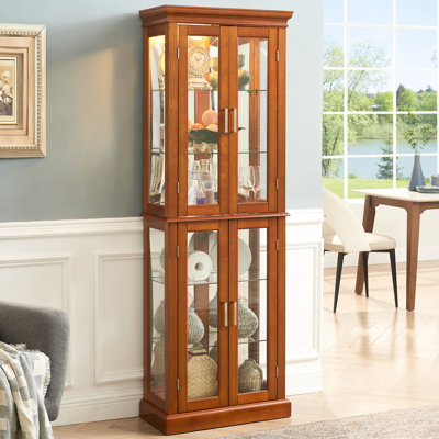 Display Cabinet With Adjustable Shelves And Walnut Finish - 70" Tall Internal Lighting System Magnetic Hardware Curio Socket Door