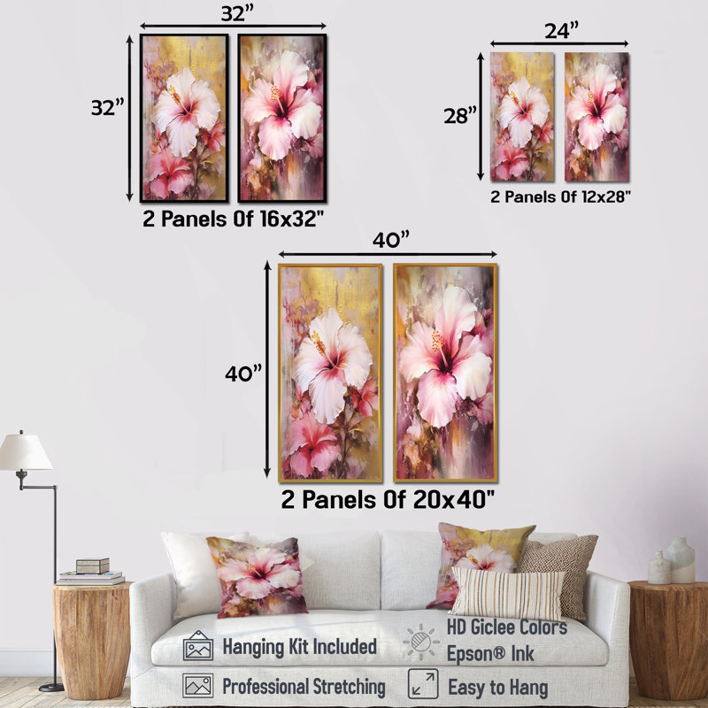 Hibiscus exotique doré et rose - Hibiscus, ensemble de 2 impressions sur toile, Toile tendue, H 32 po x l 33 po