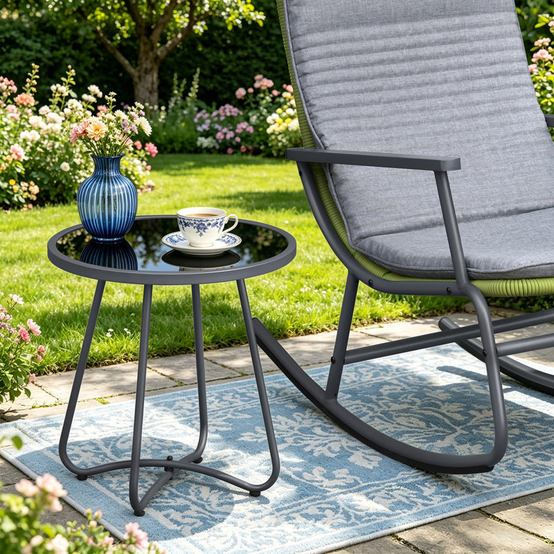 Table d'appoint ronde toutes saisons pour l'extérieur, table de bout de patio en verre trempé avec pieds réglables, petite table basse pour le jardin, la piscine et le balcon