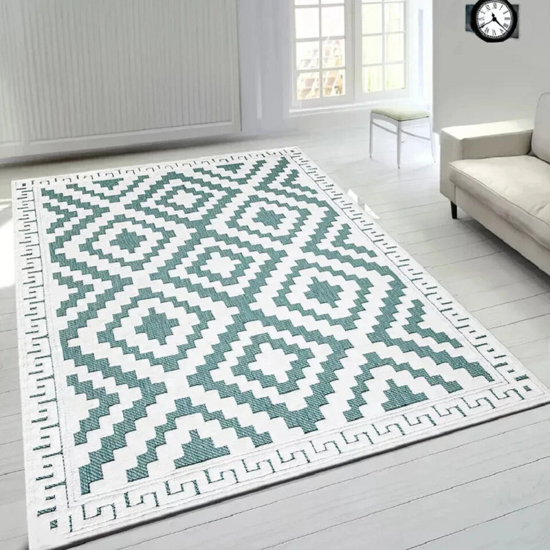 Chevron Machine Tufted Indoor / Outdoor Area Rug, Rectangle 160 x 230 cm, Cream/Emerald