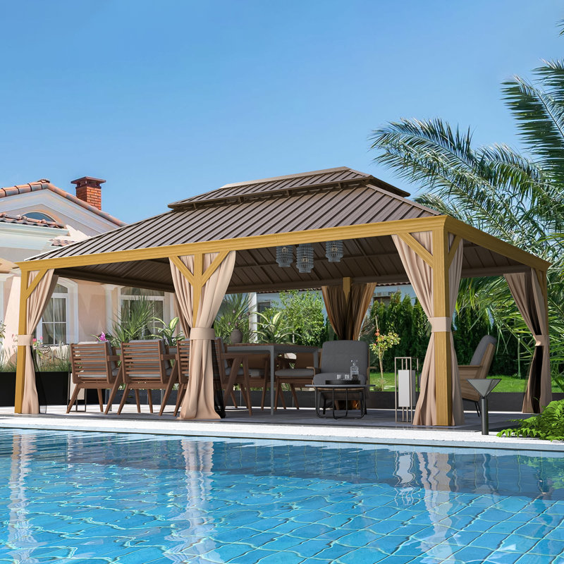 12' W x 24' D Outdoor Hardtop Gazebo with Aluminum Frame & Double Galvanized Steel Roof, Heavy Duty Permanent Pavilion with Netting & Curtains for Patio, Lawn, Deck