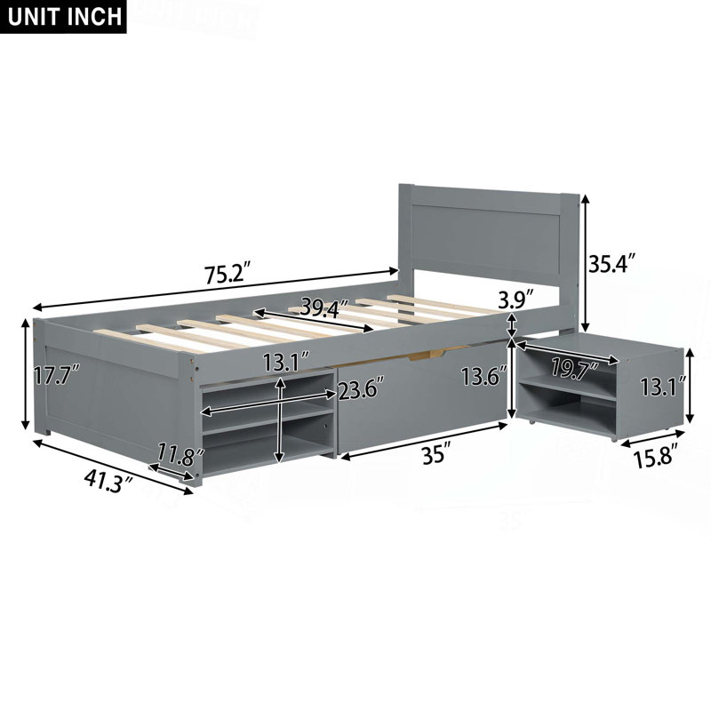 Lit plateforme avec tiroir et deux tablettes, Gris, Lit simple