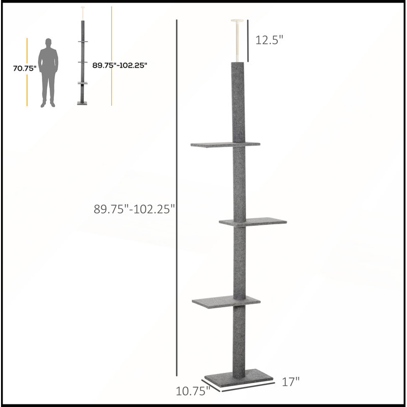 Grand centre d'activité pour arbre à chat réglable avec plateformes souples et tringle à tension de plafond pour grimper et jouer