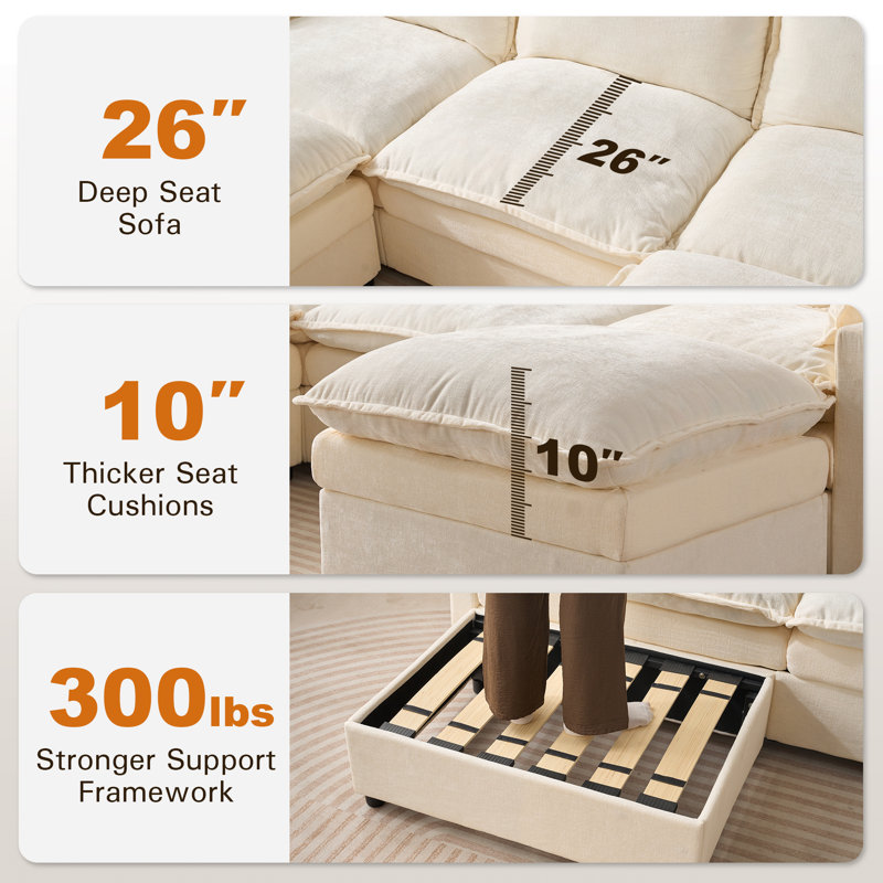 Canapé modulaire en U de 107,87 po avec 2 repose-pieds, Ivoire ivoire