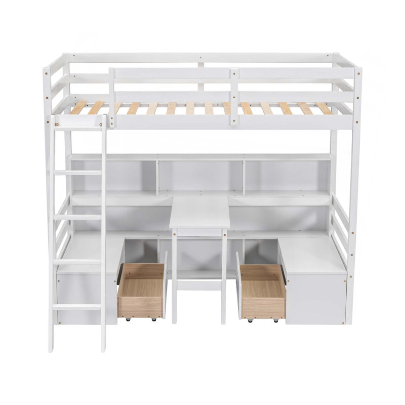 Lit mezzanine simple avec tablettes de rangement, tiroirs, siège et bureau, Blanc