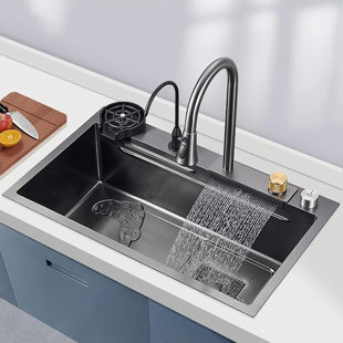 Lefton 304 Stainless Steel Waterfall Kitchen Sink Set with Temperature  Display, Grey, KS2205