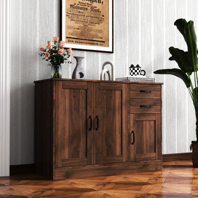 43.3" Modern Wood Buffet Sideboard - 2 Doors, 1 Storage & Drawers Entryway Serving Classic Walnut For Dining 43.3 Inch With Bin