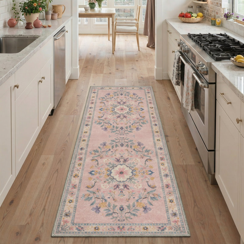 Airville Floral Machine Washable Blush/Beige/Teal Indoor Area Rug With Non-Slip Backing, Runner 2'5" x 8'