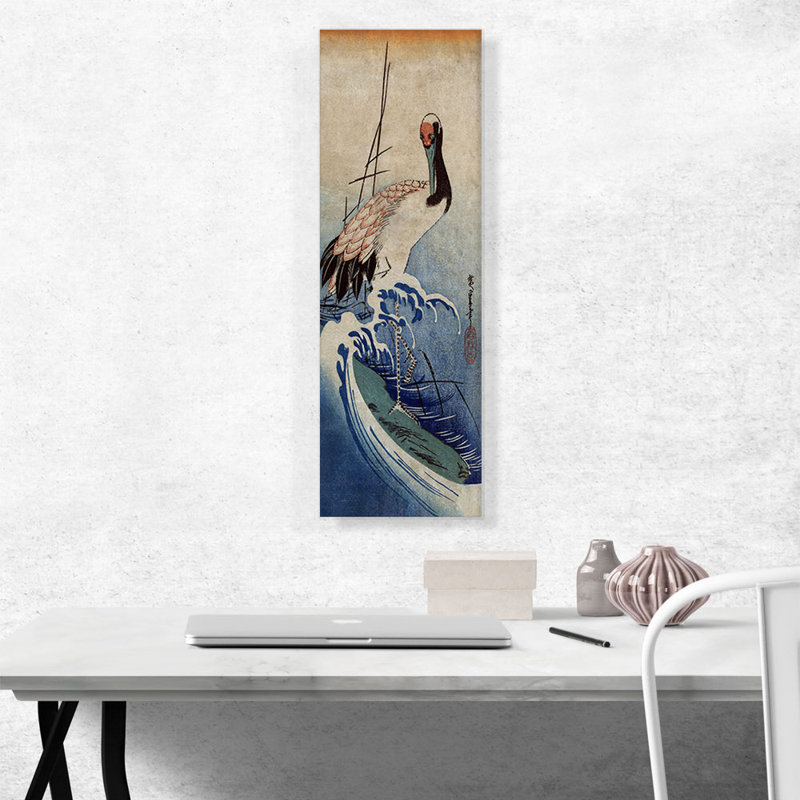 «Crane in Waves 1835» par Utagawa Hiroshige - reproduction d'art sur toile tendue, H 36 po x l 12 po x P 0,75 po