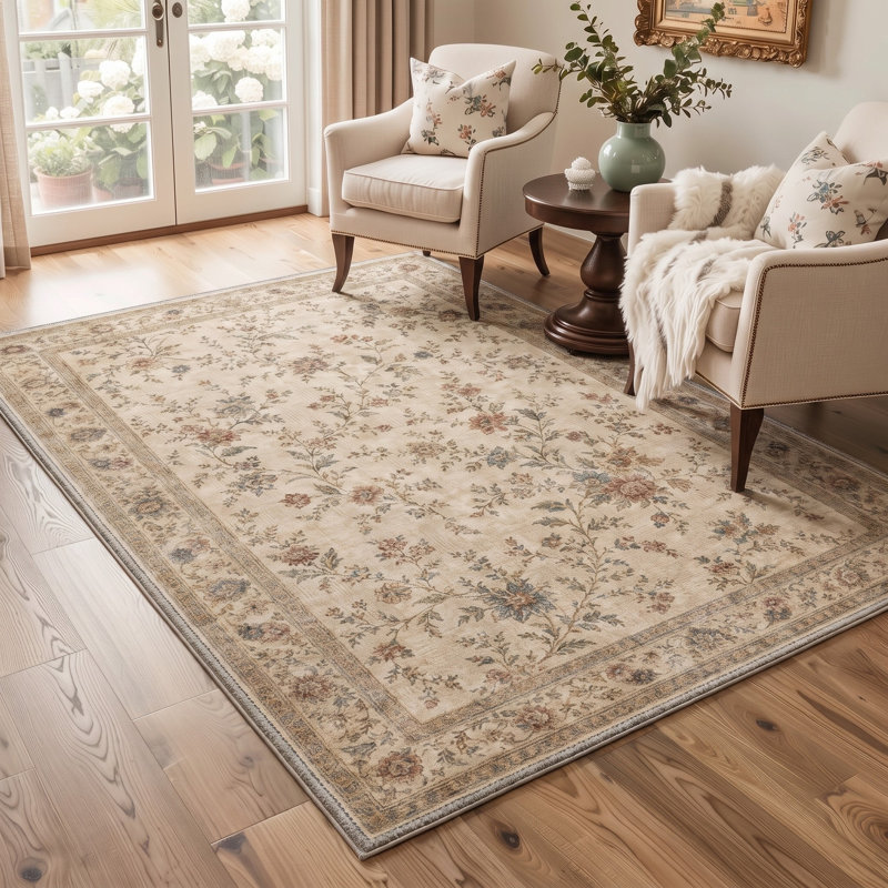 Tapis de sol performant à poils courts, lavable et antidérapant, à motif floral beige/vert, Rectangle 6' x 9'
